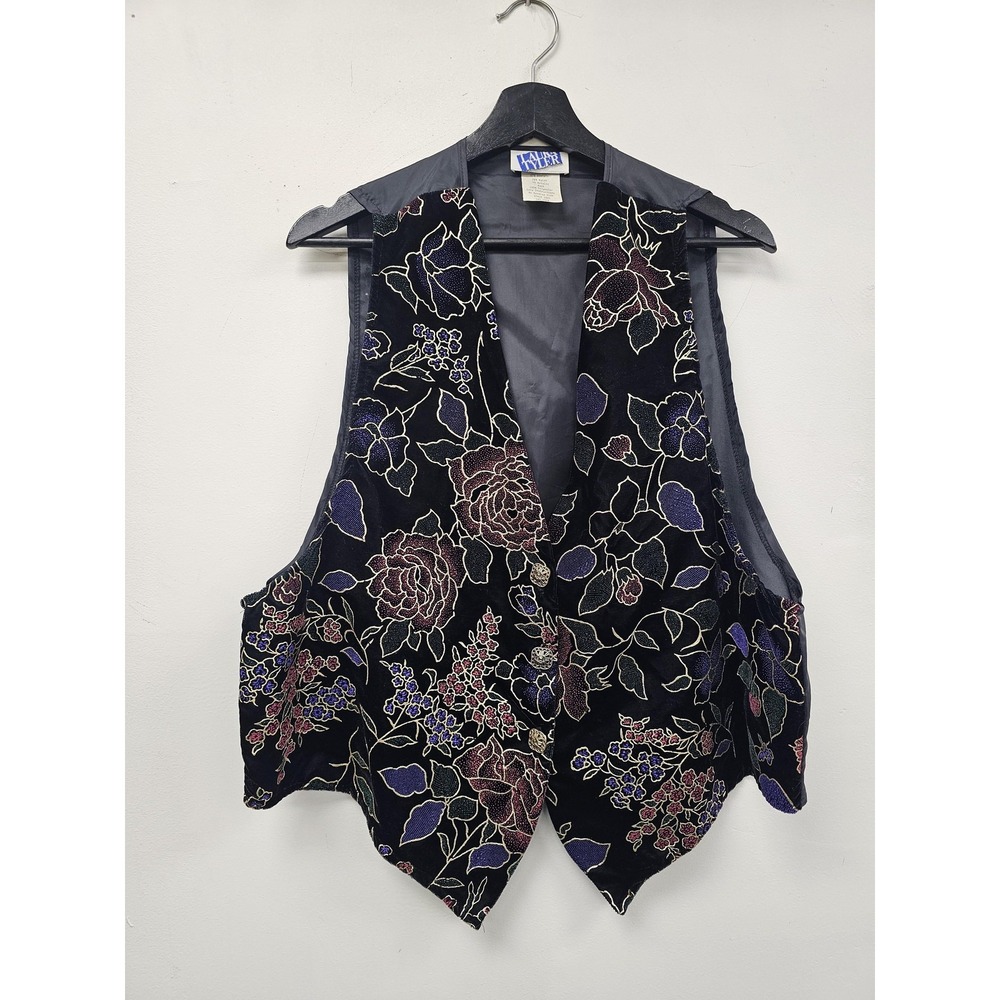 Vintage Laura Tyler Vest Womens Black Floral Metallic Velvet Open Front‎ Dressy